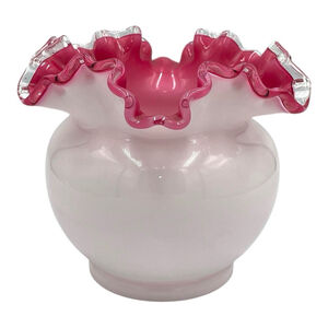 Vintage Fenton White Pink Cased Silver Crest Ruffled Rose Bowl Glass Vase